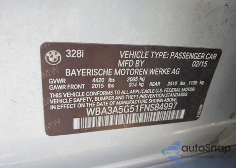 2015 BMW 328I из США, поврежденный, VIN WBA3A5G51FNS84997